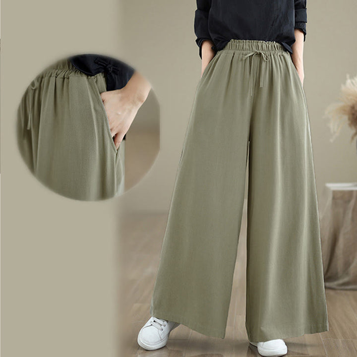 Pantalones anchos hasta el tobillo con bolsillos y cordón de algodón y lino para mujer de Buddha Stones - image 11