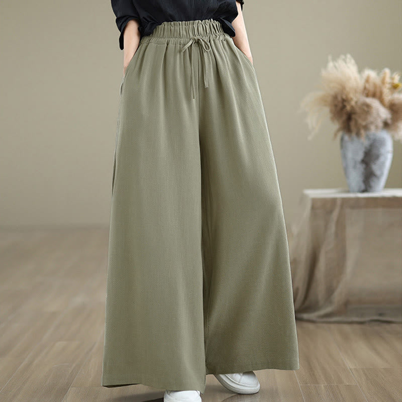 Pantalones anchos hasta el tobillo con bolsillos y cordón de algodón y lino para mujer de Buddha Stones - image 1