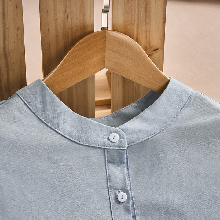 Camisa de algodón para mujer con bolsillos y manga tres cuartos con diseño de botones de color liso y Buddha Stones - image 2