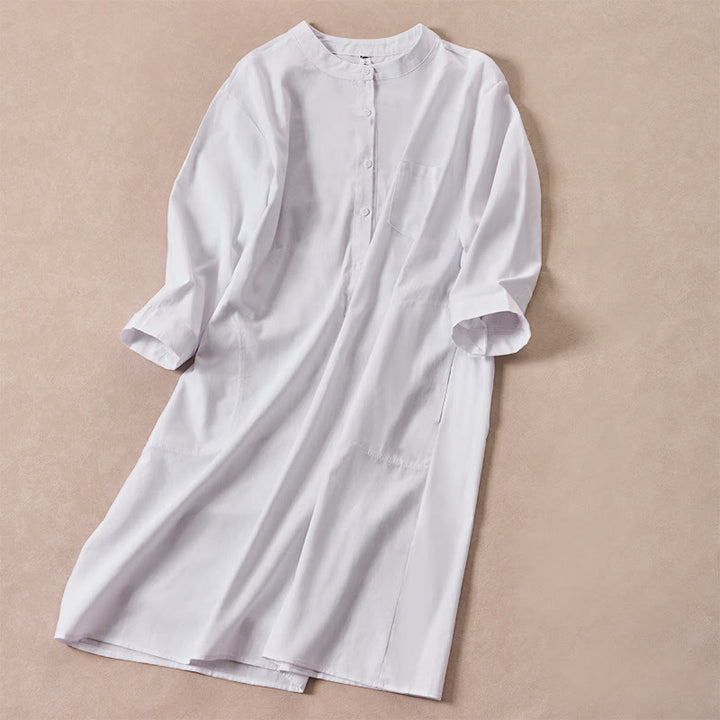 Camisa de algodón para mujer con bolsillos y manga tres cuartos con diseño de botones de color liso y Buddha Stones - image 9