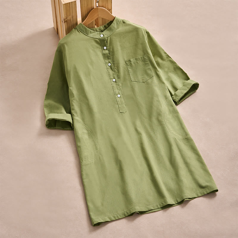 Camisa de algodón para mujer con bolsillos y manga tres cuartos con diseño de botones de color liso y Buddha Stones - AmarilloVerde - US14，UK/AU18，EU46 (2XL) - image 6
