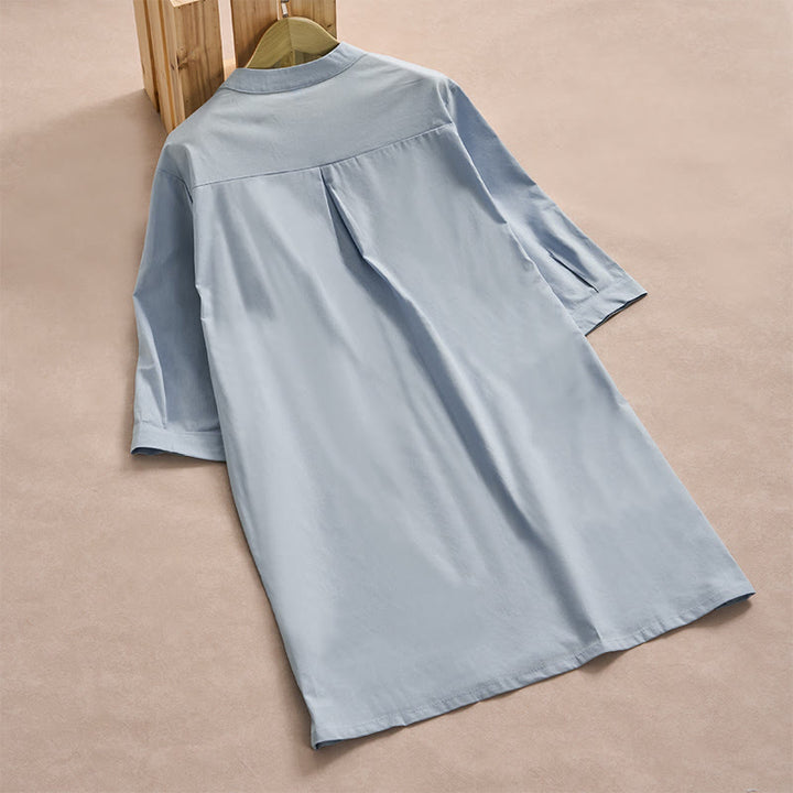 Camisa de algodón para mujer con bolsillos y manga tres cuartos con diseño de botones de color liso y Buddha Stones - image 1