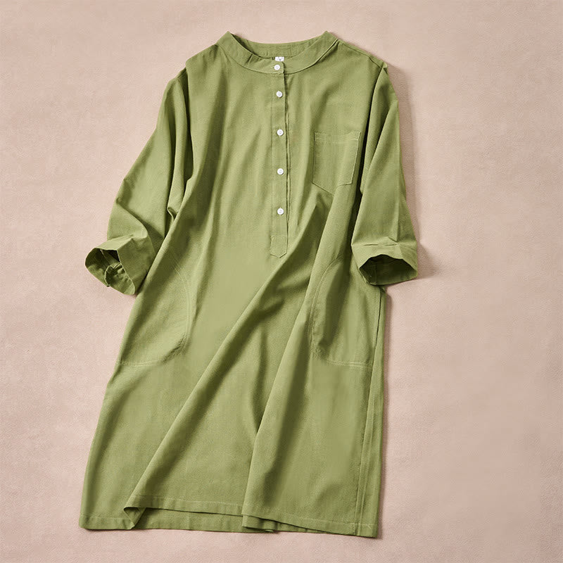 Camisa de algodón para mujer con bolsillos y manga tres cuartos con diseño de botones de color liso y Buddha Stones - image 7