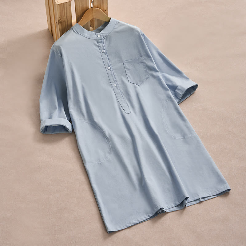 Camisa de algodón para mujer con bolsillos y manga tres cuartos con diseño de botones de color liso y Buddha Stones - Azul claro - US14，UK/AU18，EU46 (2XL) - image 0