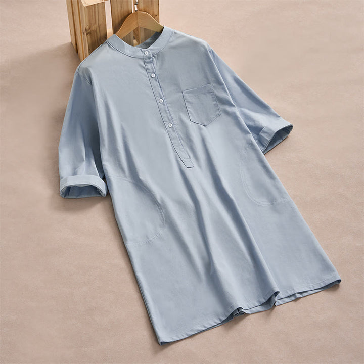 Camisa de algodón para mujer con bolsillos y manga tres cuartos con diseño de botones de color liso y Buddha Stones - Azul claro - US14，UK/AU18，EU46 (2XL) - image 0