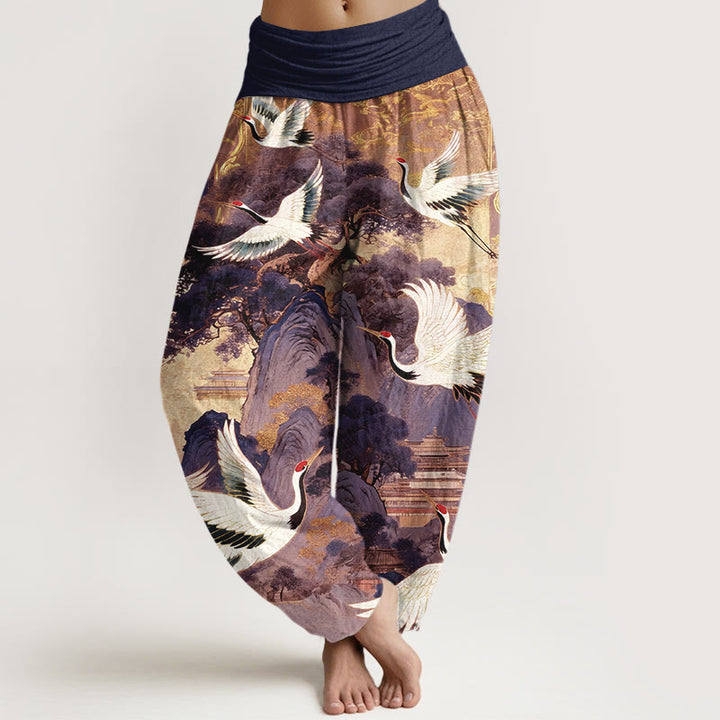 Pantalones harén de cintura elástica para mujer con estampado de grullas y pinos de montaña de algodón puro y piedras de Buddha Stones - Violeta oscuro - US16，UK/AU20，EU48 (3XL) - image 5