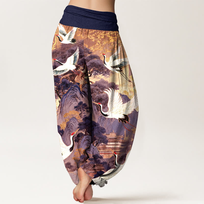 Pantalones harén de cintura elástica para mujer con estampado de grullas y pinos de montaña de algodón puro y piedras de Buddha Stones - image 6