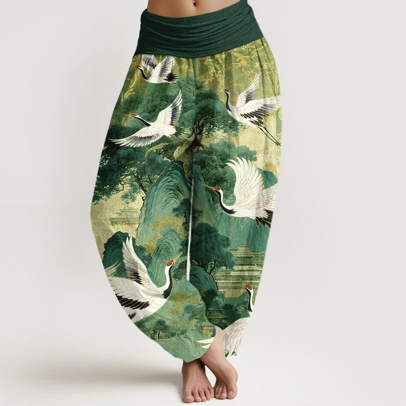 Pantalones harén de cintura elástica para mujer con estampado de grullas y pinos de montaña de algodón puro y piedras de Buddha Stones - Verde - US16，UK/AU20，EU48 (3XL) - image 8