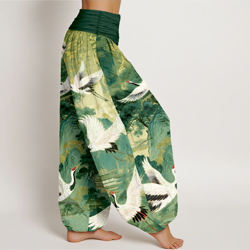 Pantalones harén de cintura elástica para mujer con estampado de grullas y pinos de montaña de algodón puro y piedras de Buddha Stones - image 10