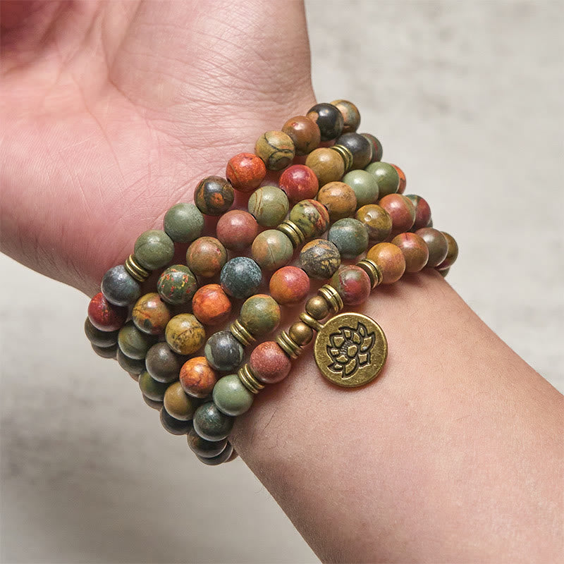 Abalorio con símbolo de loto retro de Buddha Stones, cuentas redondas, turquesa roja, Mala cálido - image 3