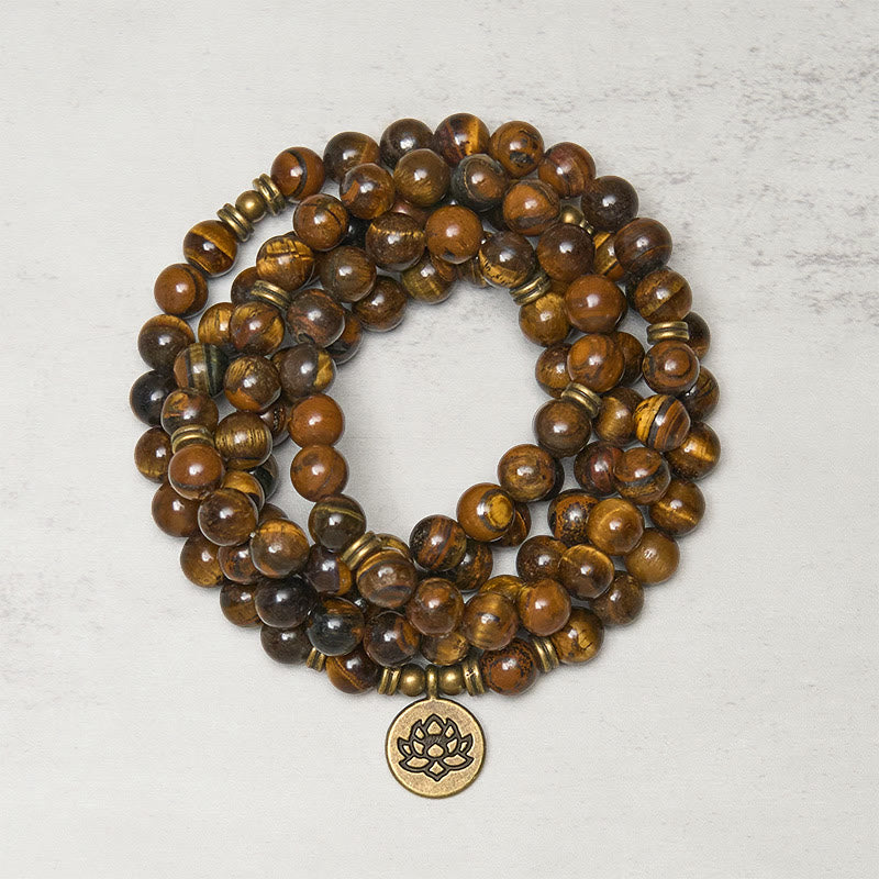 Mala de fuerza con cuentas de ojo de tigre y símbolo de loto de Buddha Stones - Ojo de tigre - 8 mm - image 0
