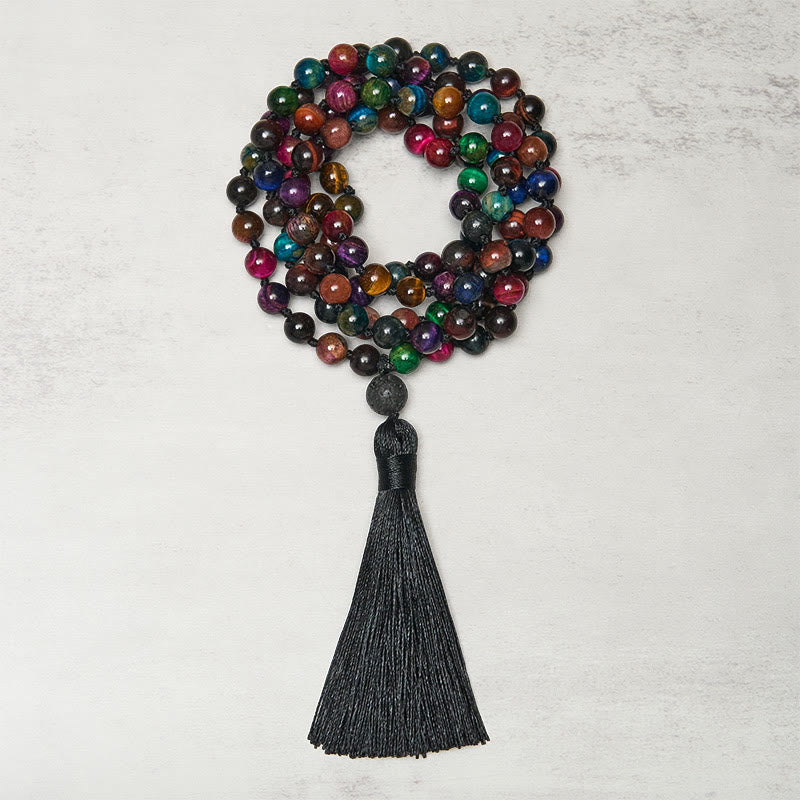 Mala de fuerza con borlas de cuentas de Buddha Stones, ojo de tigre amarillo multicolor, ojo de tigre verde, ojo de tigre azul, ojo de tigre rojo - Ojo de tigre - image 0