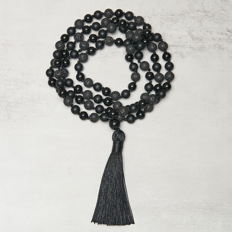 Mala de la fortuna con borlas de piedra de lava de ónix negro y cuentas de 8 mm de Buddha Stones - image 1
