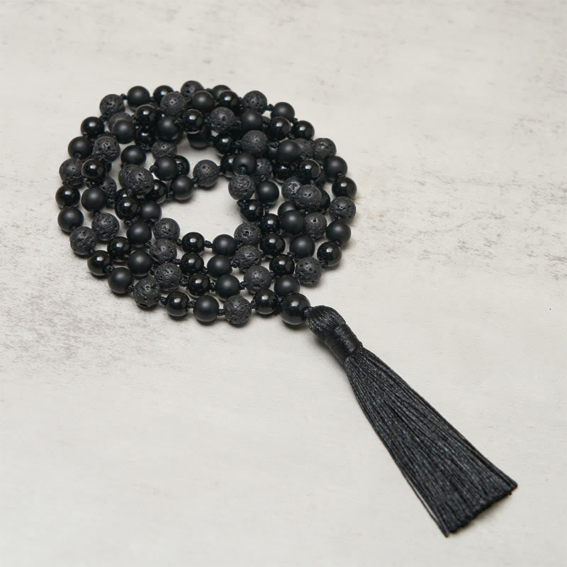 Mala de la fortuna con borlas de piedra de lava de ónix negro y cuentas de 8 mm de Buddha Stones - Ónix negro y roca de lava - image 0