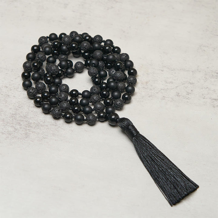 Mala de la fortuna con borlas de piedra de lava de ónix negro y cuentas de 8 mm de Buddha Stones - Ónix negro y roca de lava - image 0