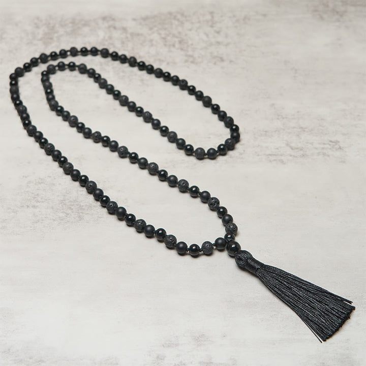 Mala de la fortuna con borlas de piedra de lava de ónix negro y cuentas de 8 mm de Buddha Stones - image 2