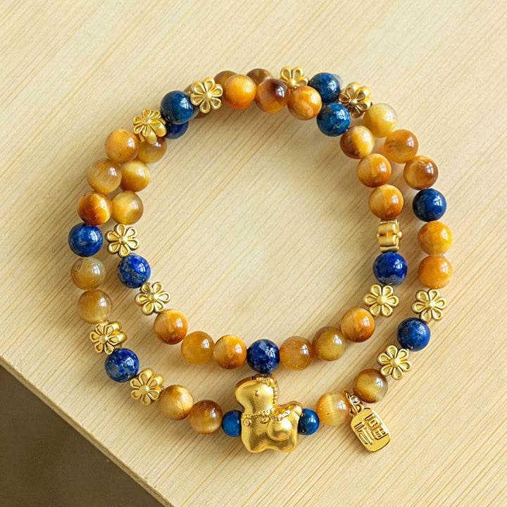Pulsera de doble vuelta con Buddha Stones, personaje Fu, lazurita, ojo de tigre y serenidad - image 1