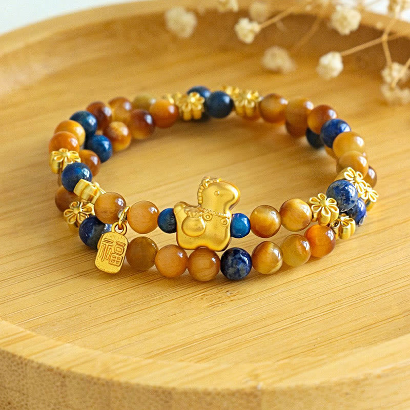 Pulsera de doble vuelta con Buddha Stones, personaje Fu, lazurita, ojo de tigre y serenidad - image 2