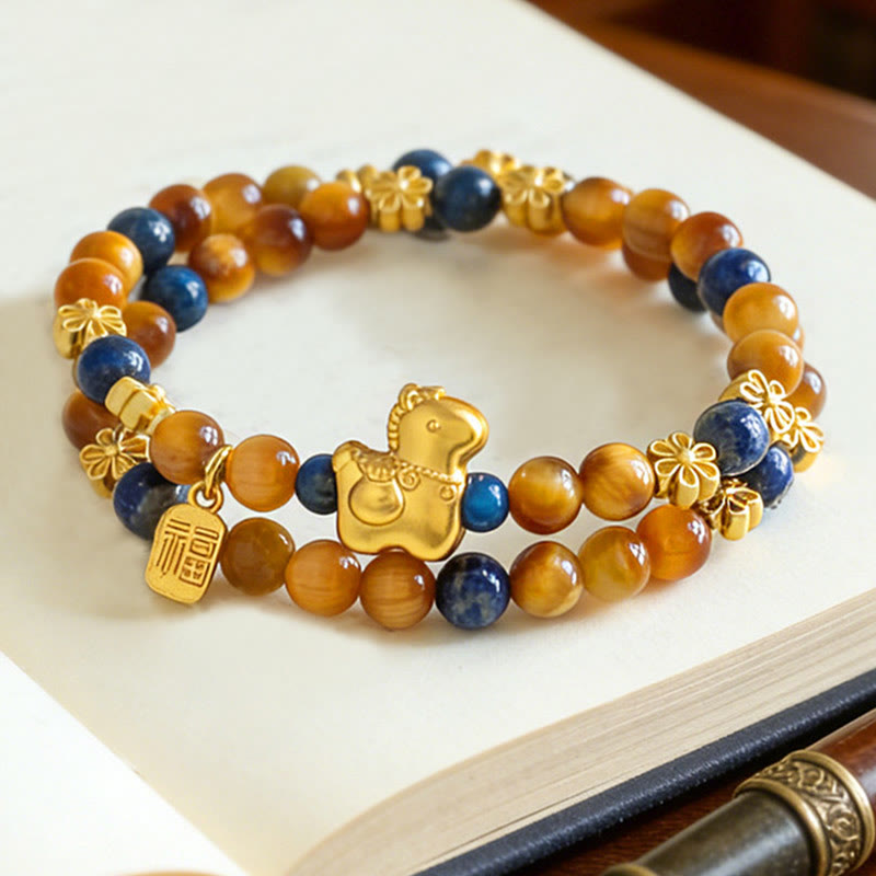 Pulsera de doble vuelta con Buddha Stones, personaje Fu, lazurita, lapislázuli, ojo de tigre y serenidad - Caballo de ojo de tigre lazurita (circunferencia de la muñeca: 14-15 cm) - image 0