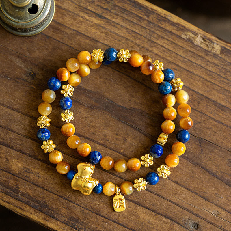 Pulsera de doble vuelta con Buddha Stones, personaje Fu, lazurita, ojo de tigre y serenidad - image 3