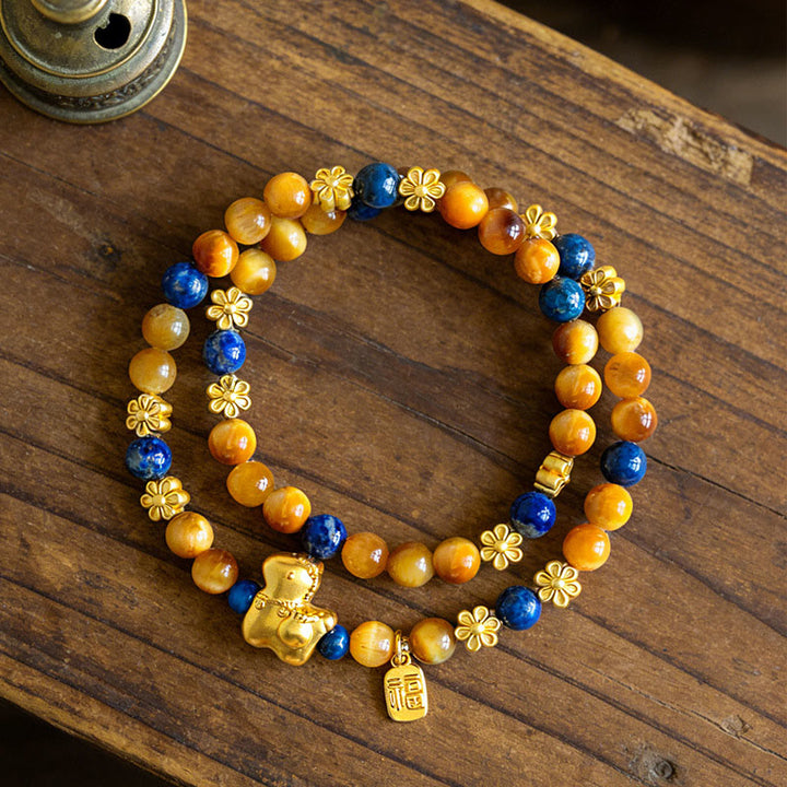 Pulsera de doble vuelta con Buddha Stones, personaje Fu, lazurita, ojo de tigre y serenidad - image 3