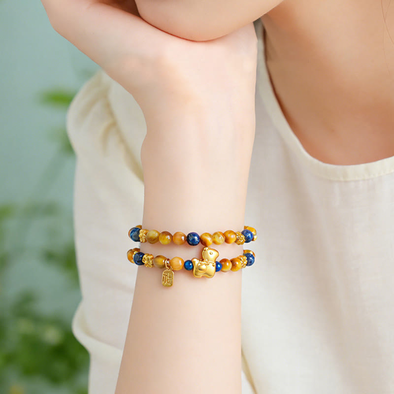 Pulsera de doble vuelta con Buddha Stones, personaje Fu, lazurita, lapislázuli, ojo de tigre y serenidad - image 4