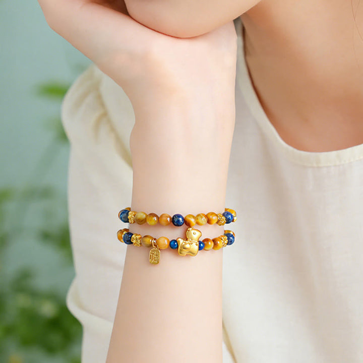Pulsera de doble vuelta con Buddha Stones, personaje Fu, lazurita, lapislázuli, ojo de tigre y serenidad - image 4