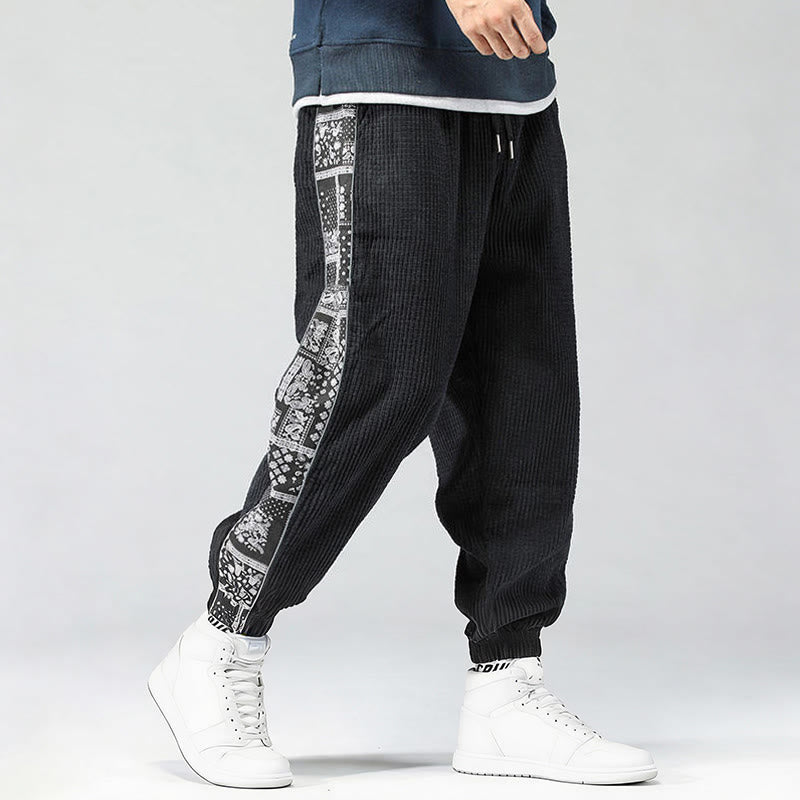 Pantalones de pana rectos hasta el tobillo con estampado de cachemira y cordón lateral para hombre con Buddha Stones y bolsillos - Negro - US/UK/AU46, EU56 (5XL) - image 0