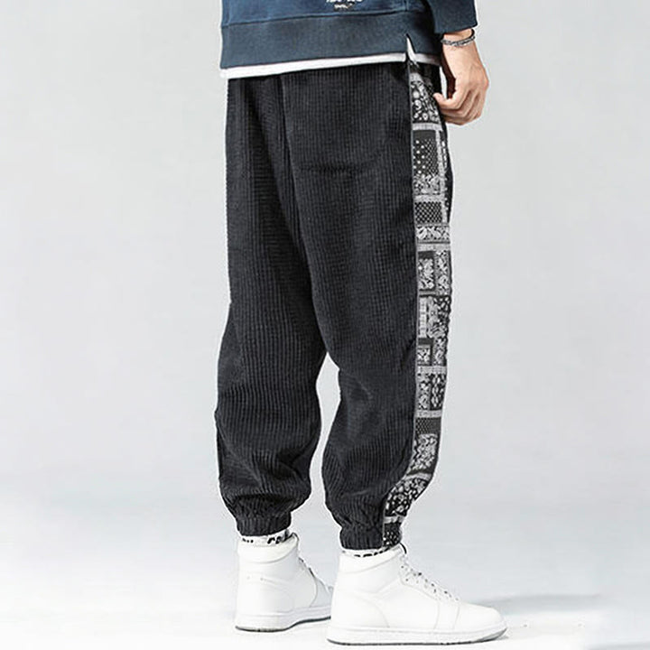 Pantalones de pana rectos hasta el tobillo con estampado de cachemira y cordón lateral para hombre con Buddha Stones y bolsillos - image 3