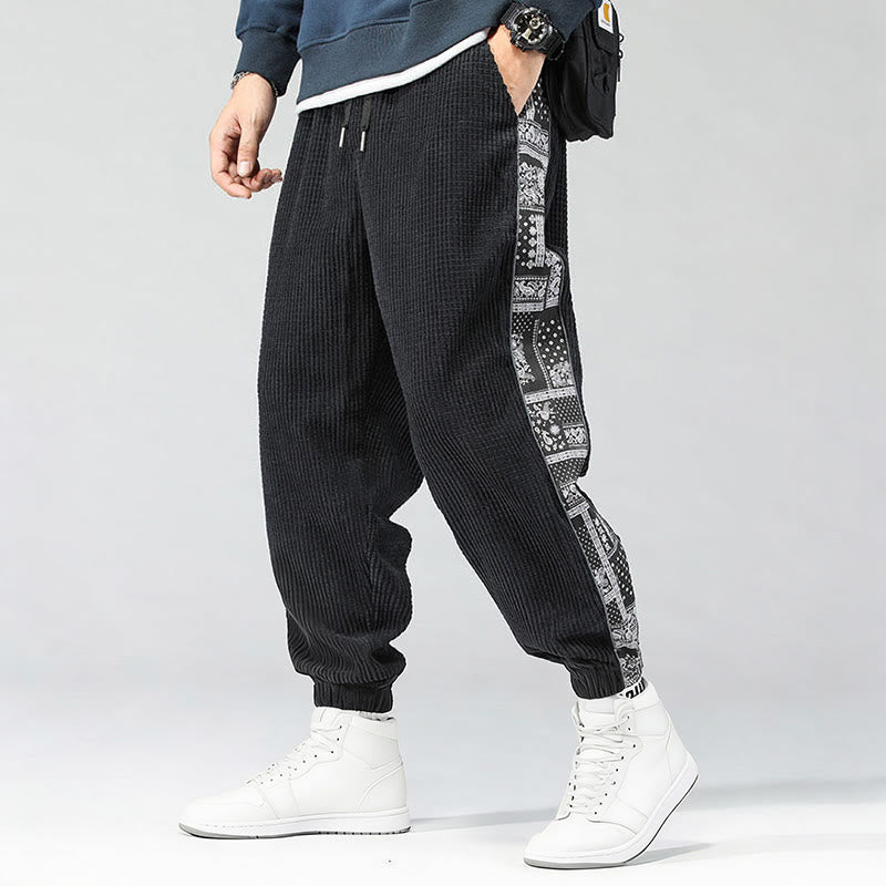 Pantalones de pana rectos hasta el tobillo con estampado de cachemira y cordón lateral para hombre con Buddha Stones y bolsillos - image 1