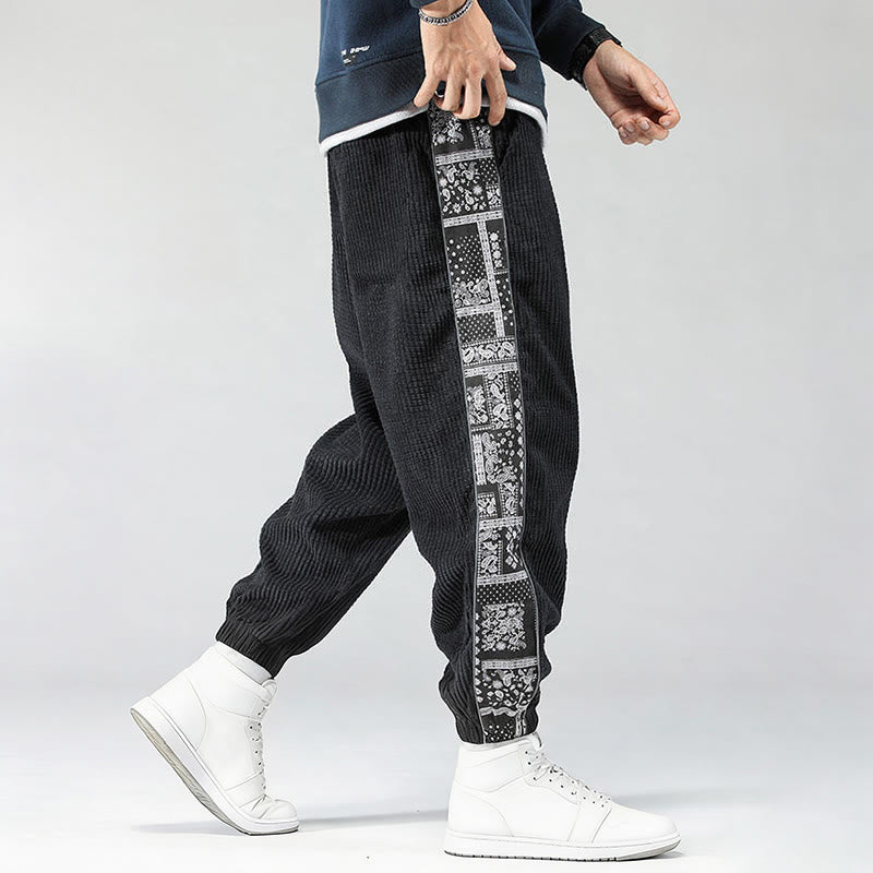 Pantalones de pana rectos hasta el tobillo con estampado de cachemira y cordón lateral para hombre con Buddha Stones y bolsillos - image 5