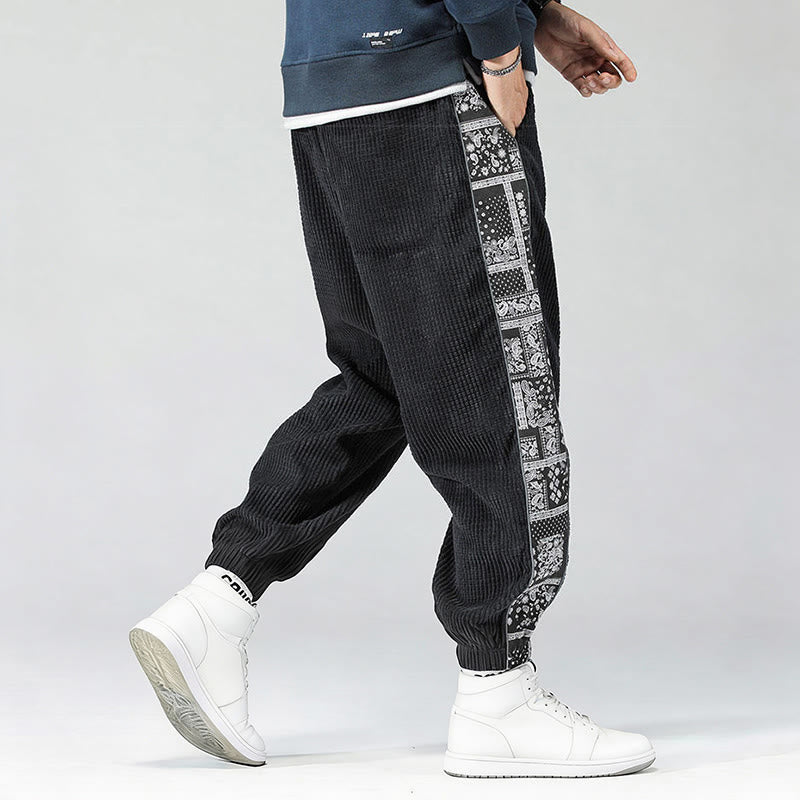 Pantalones de pana rectos hasta el tobillo con estampado de cachemira y cordón lateral para hombre con Buddha Stones y bolsillos - image 6