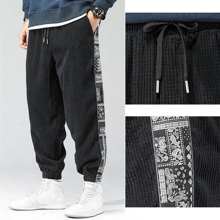 Pantalones de pana rectos hasta el tobillo con estampado de cachemira y cordón lateral para hombre con Buddha Stones y bolsillos - image 8