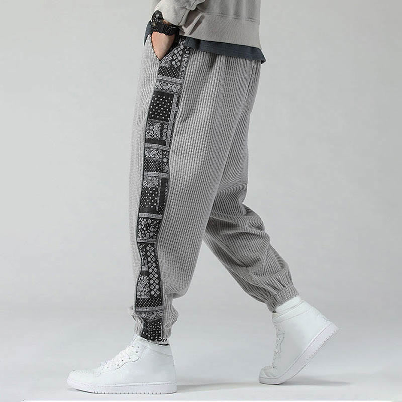 Pantalones de pana rectos hasta el tobillo con estampado de cachemira y cordón lateral para hombre con Buddha Stones y bolsillos - image 17