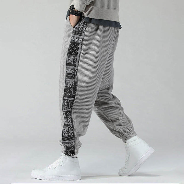 Pantalones de pana rectos hasta el tobillo con estampado de cachemira y cordón lateral para hombre con Buddha Stones y bolsillos - image 17