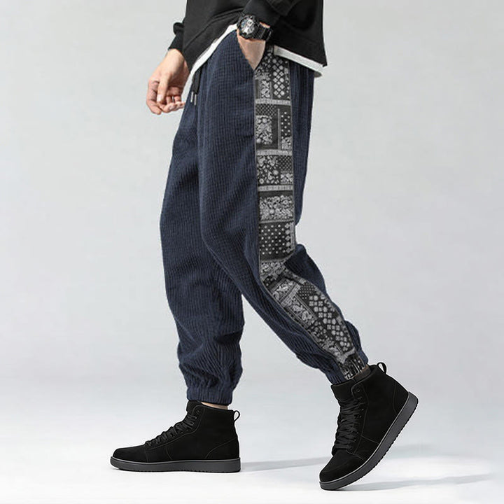 Pantalones de pana rectos hasta el tobillo con estampado de cachemira y cordón lateral para hombre con Buddha Stones y bolsillos - image 33