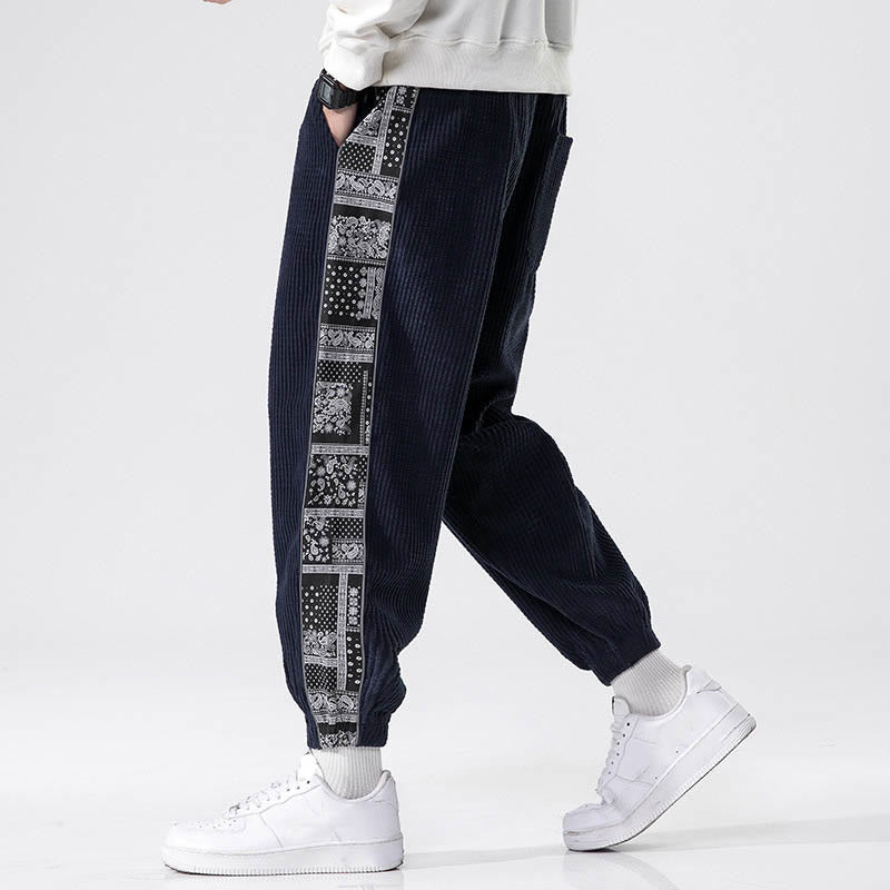 Pantalones de pana rectos hasta el tobillo con estampado de cachemira y cordón lateral para hombre con Buddha Stones y bolsillos - image 32