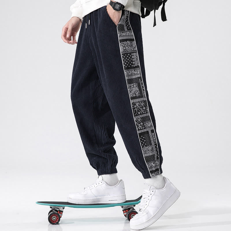 Pantalones de pana rectos hasta el tobillo con estampado de cachemira y cordón lateral para hombre con Buddha Stones y bolsillos - image 7