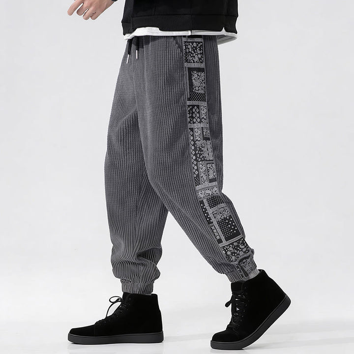 Pantalones de pana rectos hasta el tobillo con estampado de cachemira y cordón lateral para hombre con Buddha Stones y bolsillos - image 22