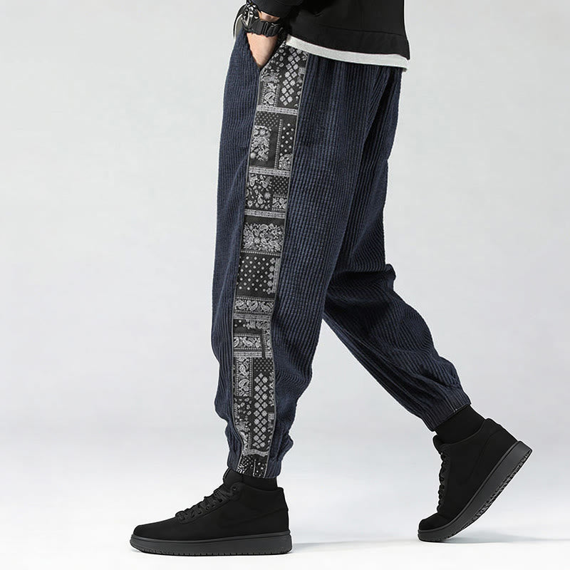 Pantalones de pana rectos hasta el tobillo con estampado de cachemira y cordón lateral para hombre con Buddha Stones y bolsillos - image 29