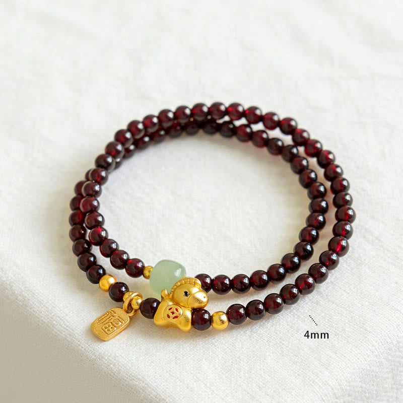 Pulsera de doble vuelta con Buddha Stones, año del caballo, granate, jade y carácter Fu. - image 4