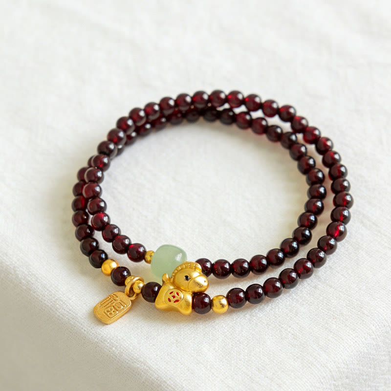 Pulsera de doble vuelta con Buddha Stones, año del caballo, granate, jade y carácter Fu. - image 2
