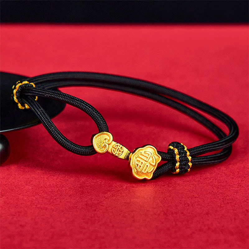 Buddha Stones Pulsera de la suerte ajustable con cuerda de oro bañada en cobre y mango de Ruyi Fu - Cuerda negra (circunferencia de la muñeca: 14-16 cm) - image 6