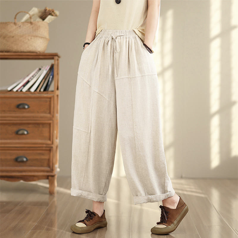 Pantalones de lino y algodón con cordón ajustable de Buddha Stones para mujer, de otoño, de color liso, con bolsillos, talla 7-8 - image 1