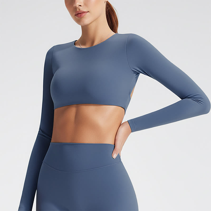 Sujetador deportivo de manga larga sin espalda con Buddha Stones para mujer, fitness, yoga - Azul acero - US12，UK/AU16，EU44 (XL) - image 8
