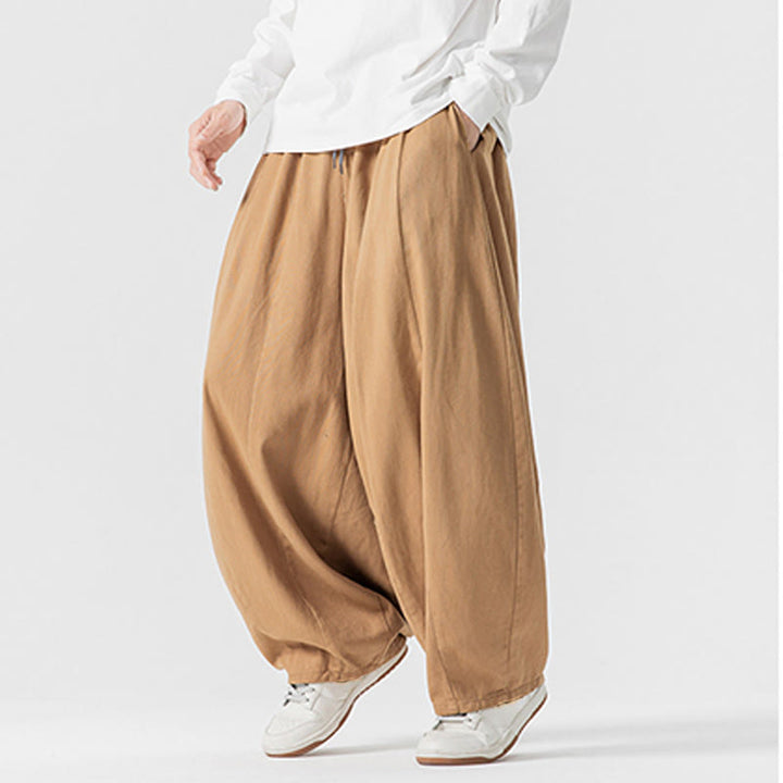 Pantalones de algodón de pierna ancha con bolsillos para hombre, diseño de cordón liso, estilo viajero invernal Buddha Stones - image 13