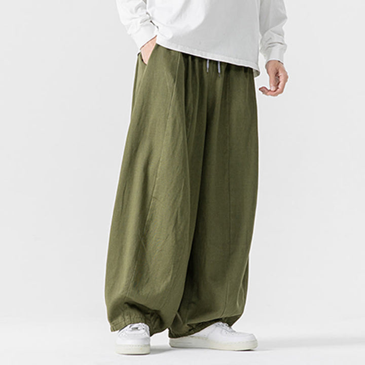 Pantalones de algodón de pierna ancha con bolsillos para hombre, diseño de cordón liso, estilo viajero invernal Buddha Stones - image 21