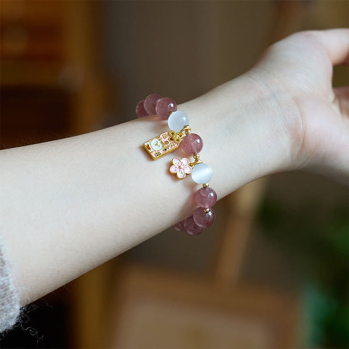 Pulsera curativa de ojo de gato blanco con Buddha Stones, amuleto de flores de durazno y cuarzo fresa - image 2