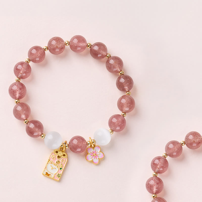 Pulsera curativa de ojo de gato blanco con Buddha Stones, amuleto de flores de durazno y cuarzo fresa - Cuarzo fresa (circunferencia de la muñeca: 14-16 cm) - image 1