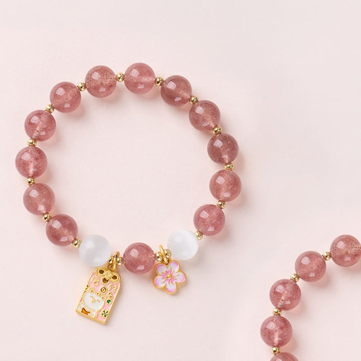 Pulsera curativa de ojo de gato blanco con Buddha Stones, amuleto de flores de durazno y cuarzo fresa - Cuarzo fresa (circunferencia de la muñeca: 14-16 cm) - image 1